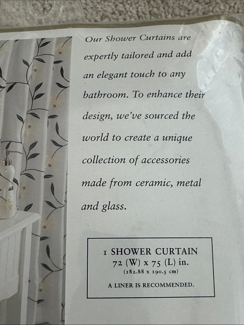 Chapel Hill White Shower Curtain with Black Leaf Design